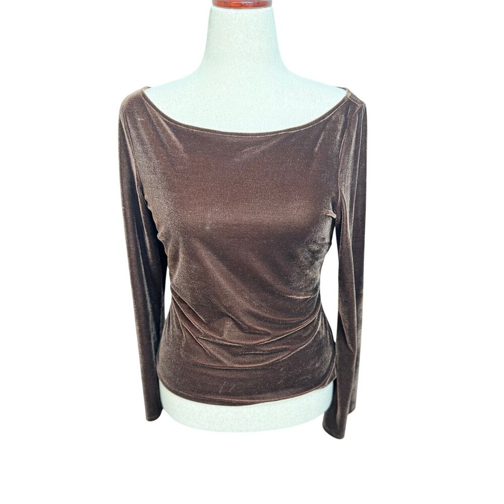Bloomingdale's velvet top brown long sleeve side zipper boat neck stretch Sz 8